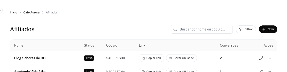 Tabela de Afiliados com as colunas Nome, Status, Código, Link, Conversões e Ações