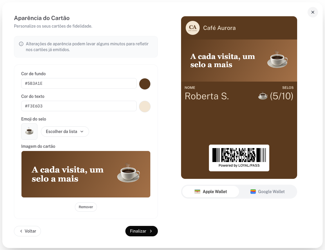 Etapa Aparência do Cartão com cores, emoji e a pré-visualização da Apple Wallet