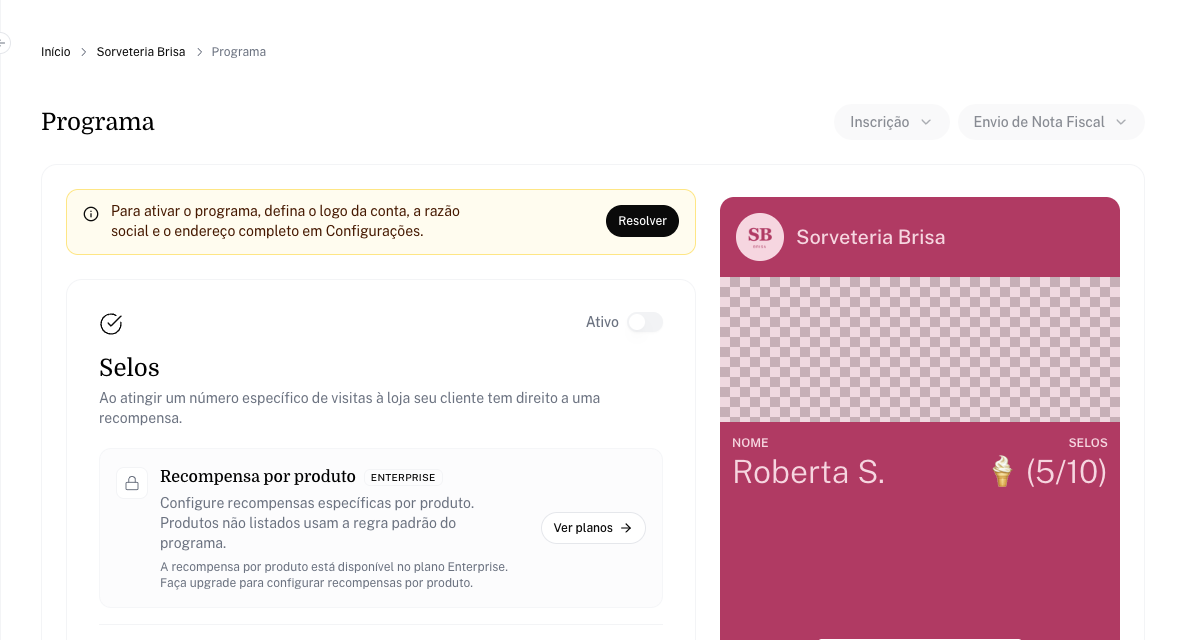 Página Programa com o aviso amarelo de requisitos e o botão Resolver