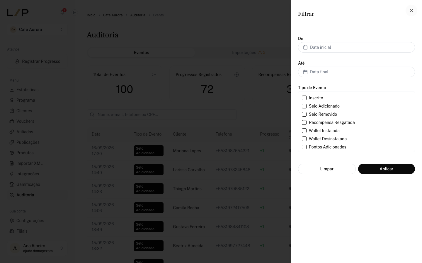 Auditoria na aba Eventos com os quatro cards de resumo e o painel Filtrar aberto