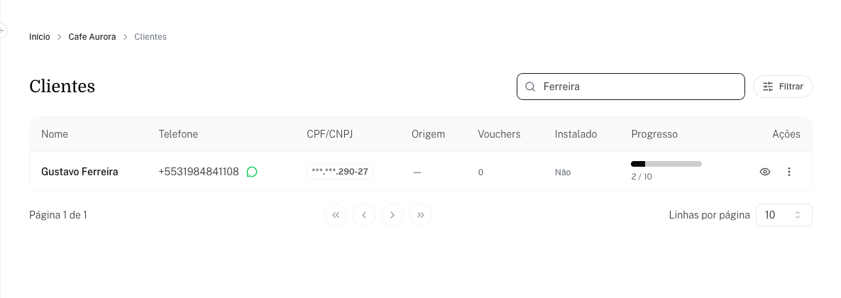 Página Clientes com um nome digitado na busca e a lista filtrada