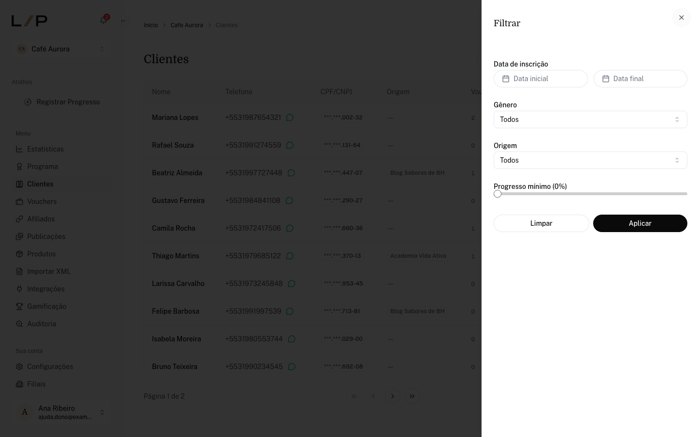 Painel Filtrar aberto com Data de inscrição, Gênero, Origem e Progresso mínimo