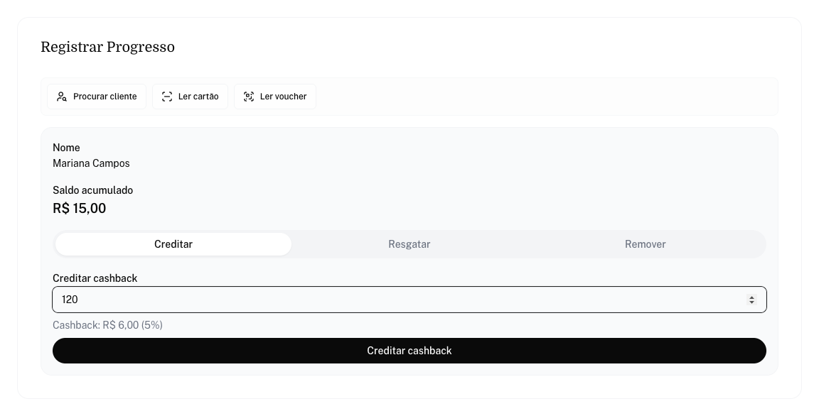 Aba Creditar com o valor da compra e a prévia do cashback