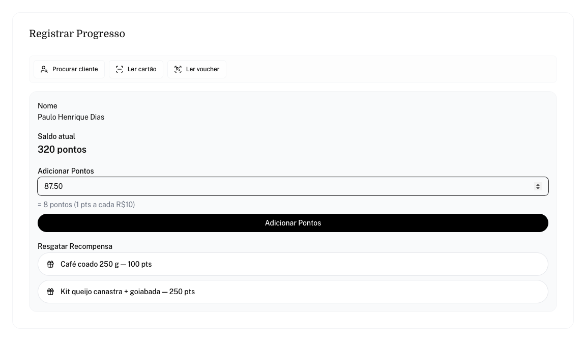 Cliente selecionado no programa de pontos com valor da compra e a prévia de pontos