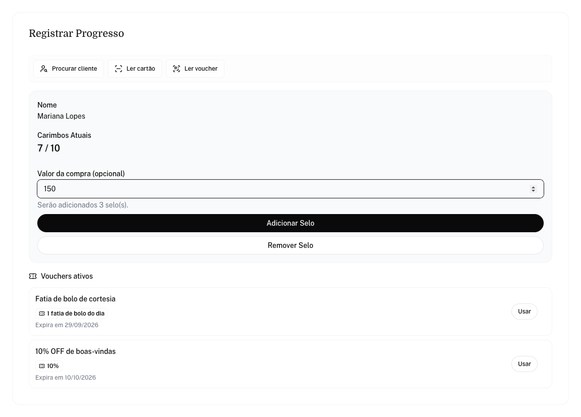 Cliente selecionado no programa de selos com valor da compra e a prévia de 3 selos
