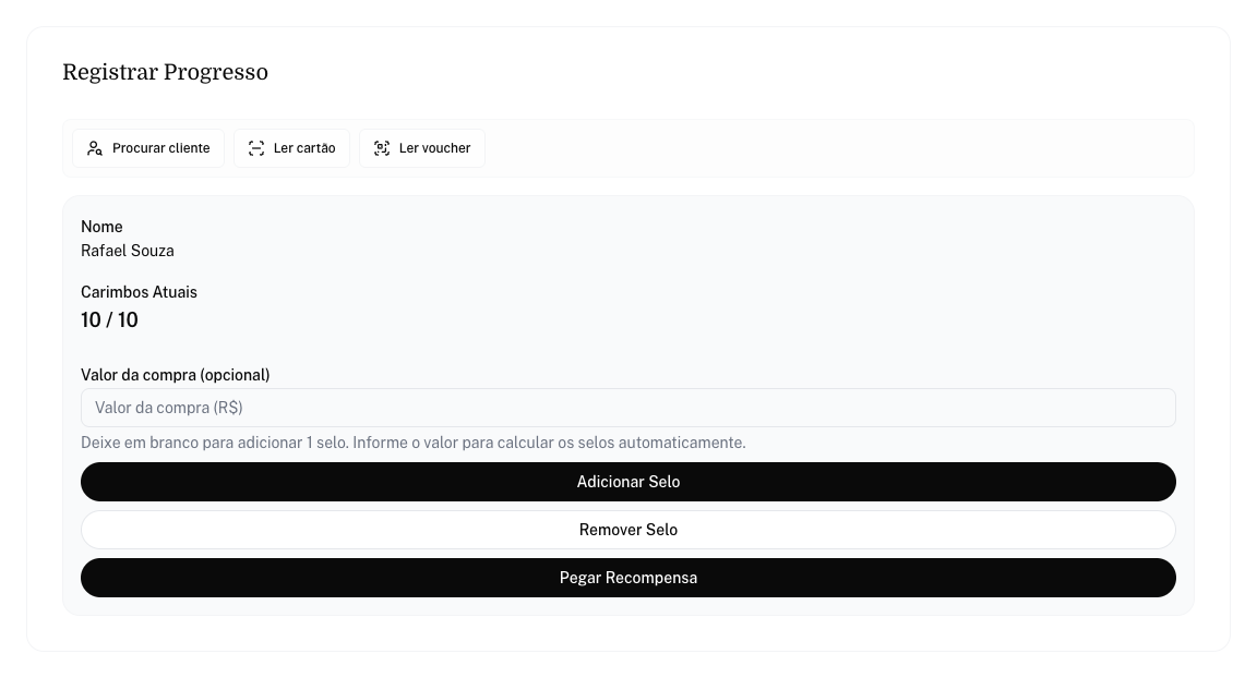 Cliente com 10 / 10 selos e o botão Pegar Recompensa