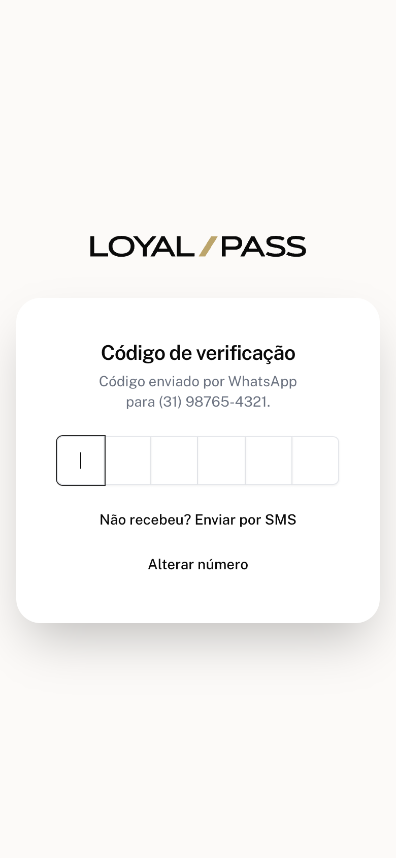 Tela Código de verificação com o botão Não recebeu? Enviar por SMS