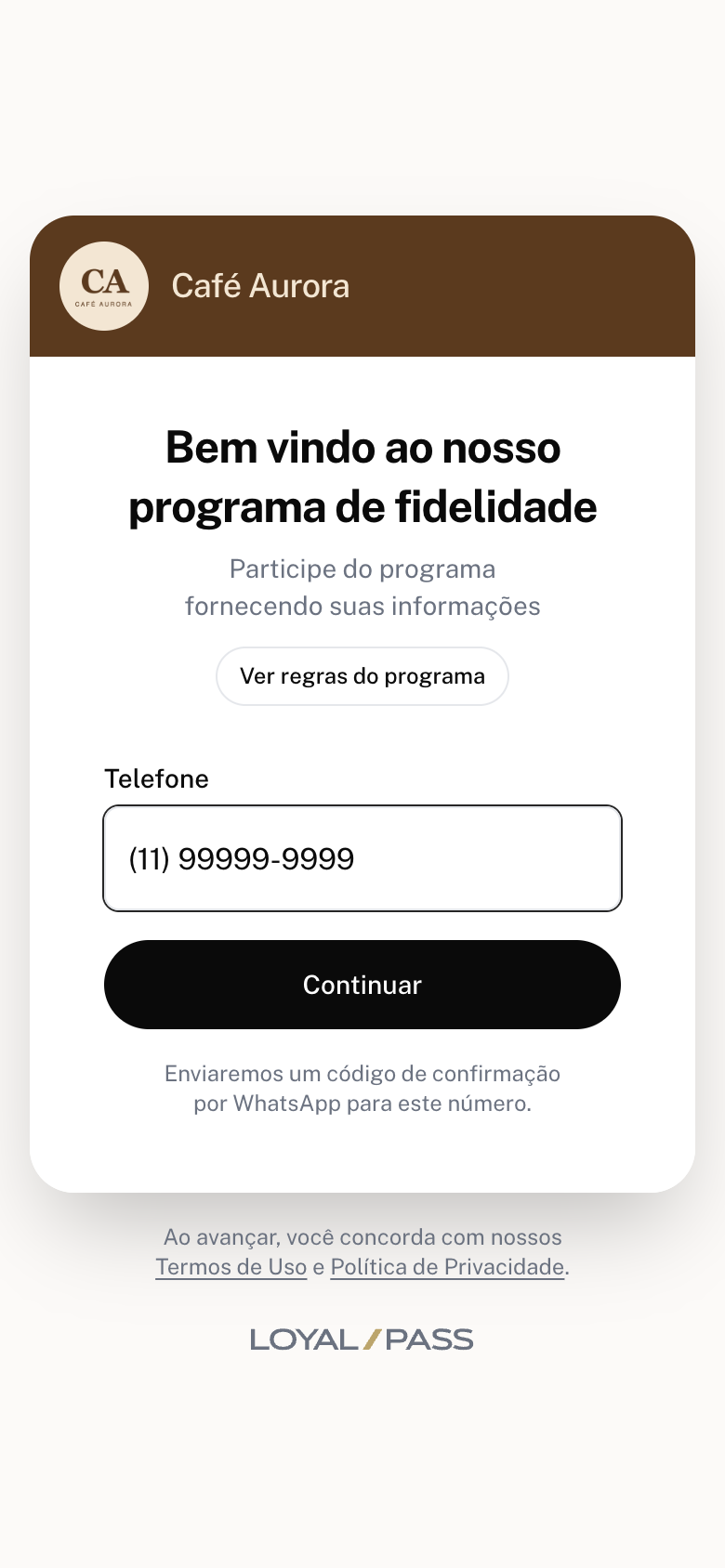 Página de inscrição com o telefone preenchido e o botão Continuar