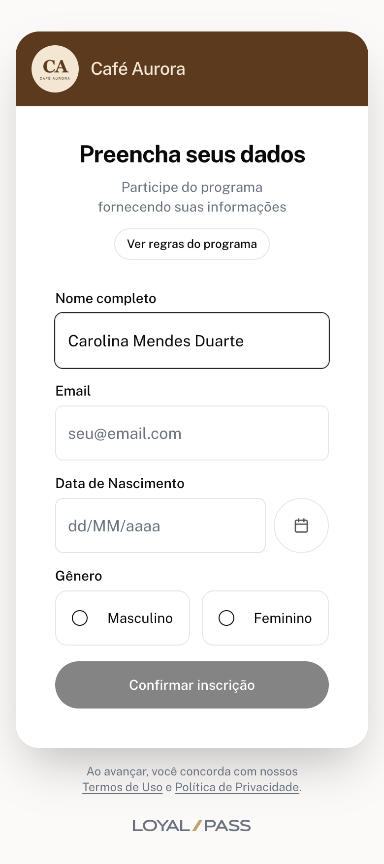 Etapa de dados com Nome completo, campos extras e o botão Confirmar inscrição