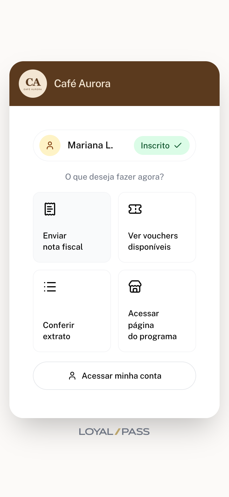 Tela de cliente já inscrito com o selo Inscrito e os atalhos de ações