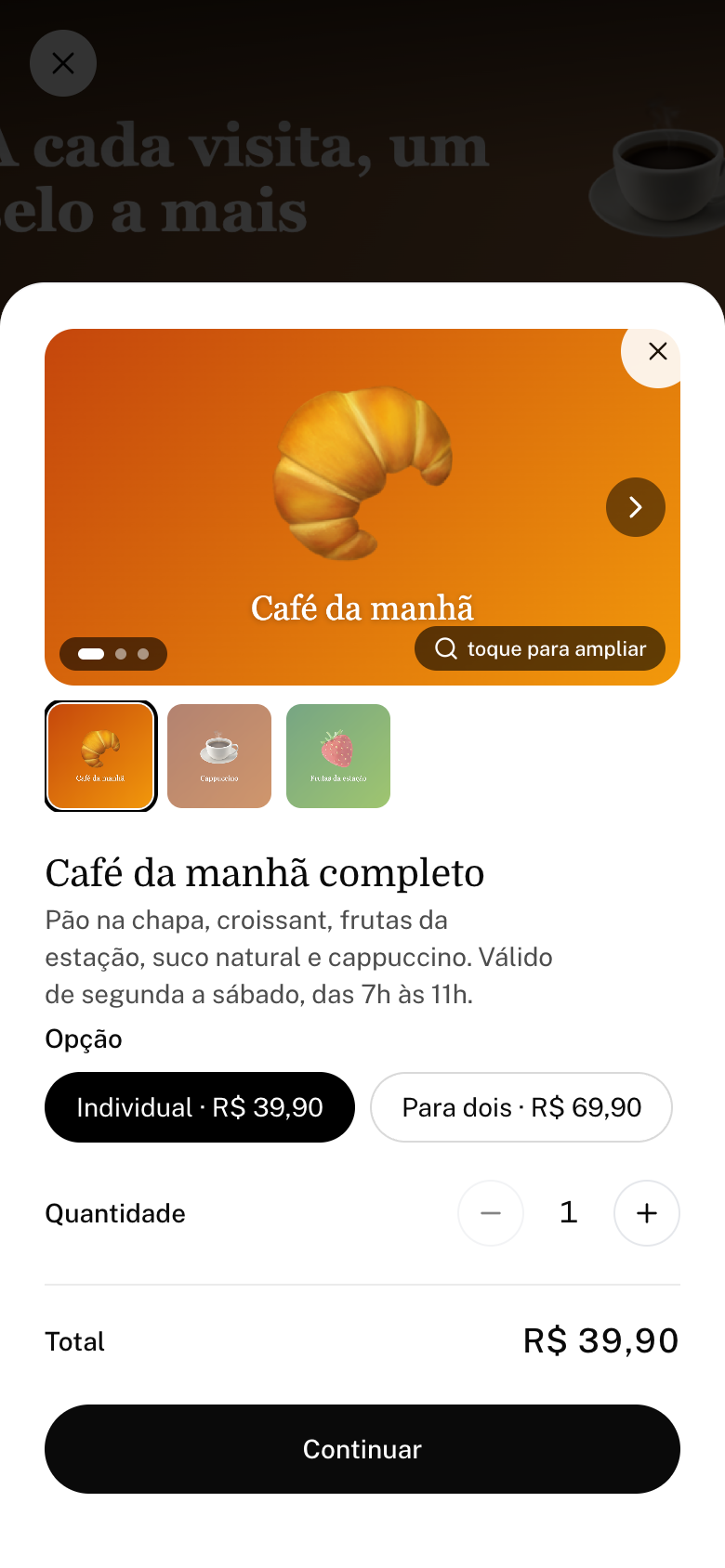 Detalhe do produto com fotos, as opções Individual e Para dois, a quantidade e o total