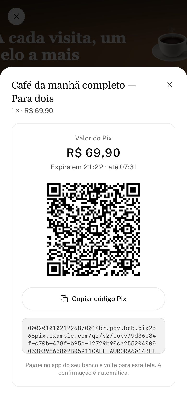 Tela do Pix com o valor, o prazo para pagar, o QR code e o botão Copiar código Pix