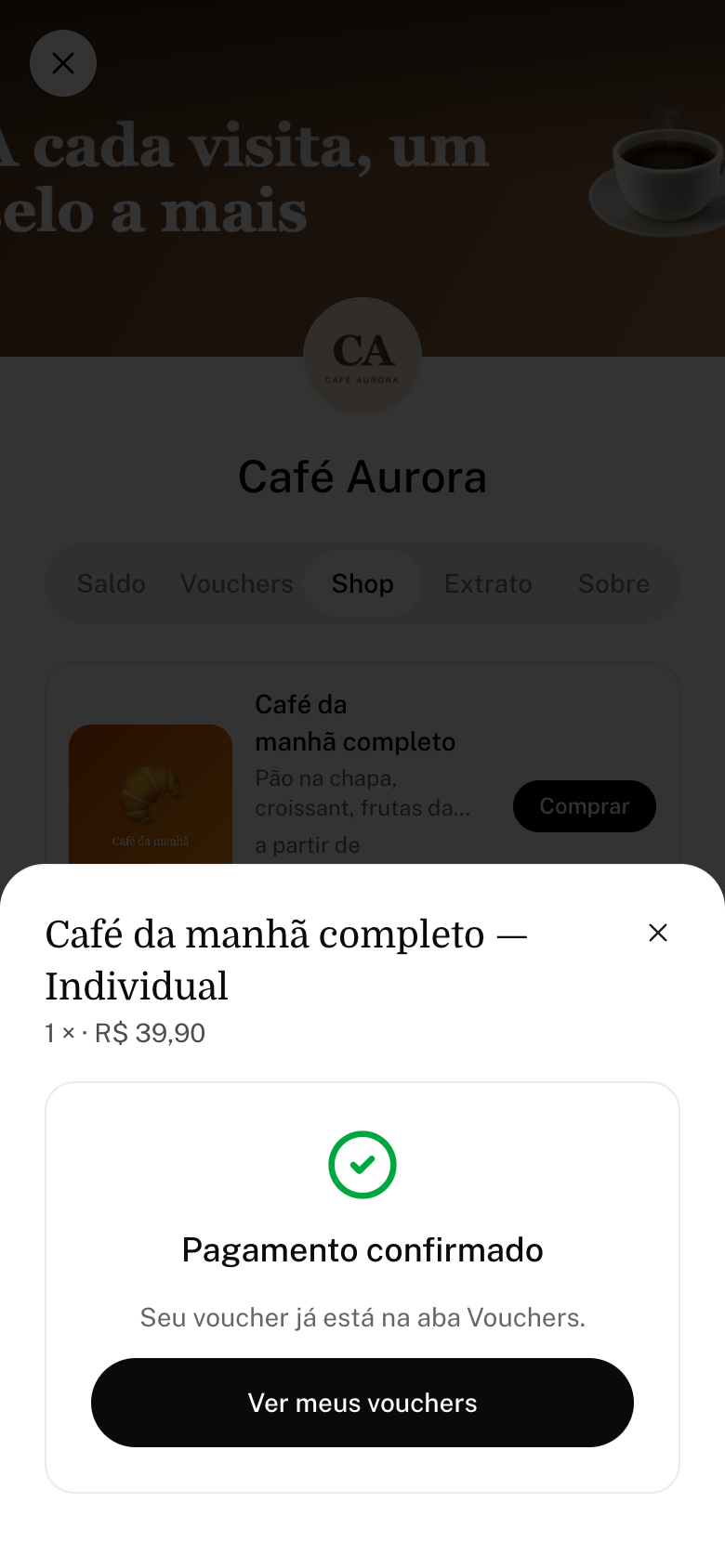 Tela Pagamento confirmado com o botão Ver meus vouchers