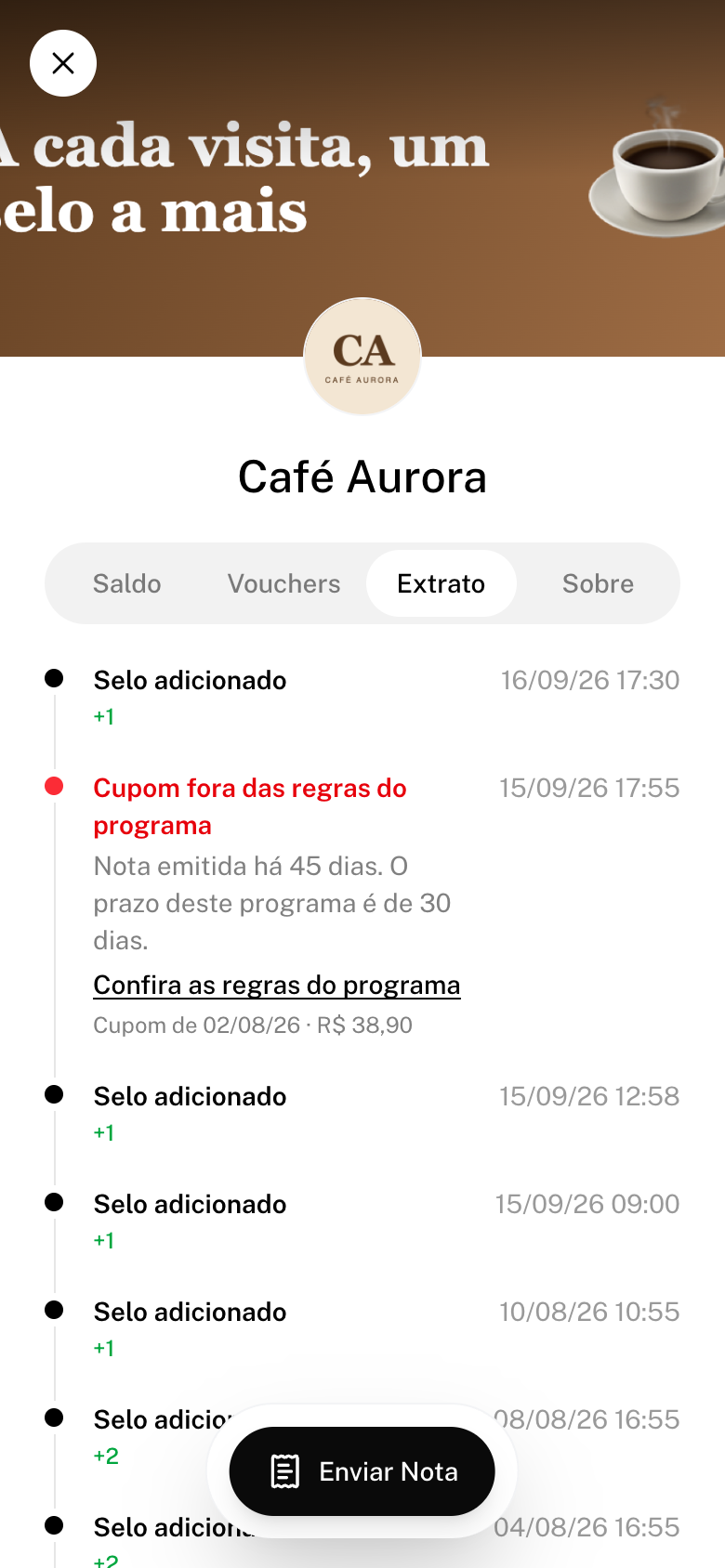 Aba Extrato com um cupom fora das regras do programa, o motivo e o botão Confira as regras do programa