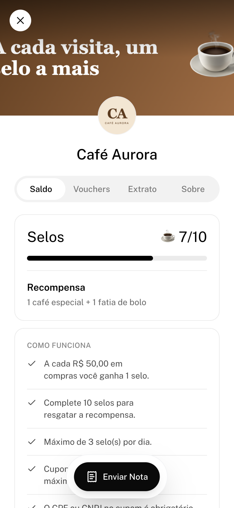 Página do cartão da loja com as abas Saldo, Vouchers, Extrato e Sobre