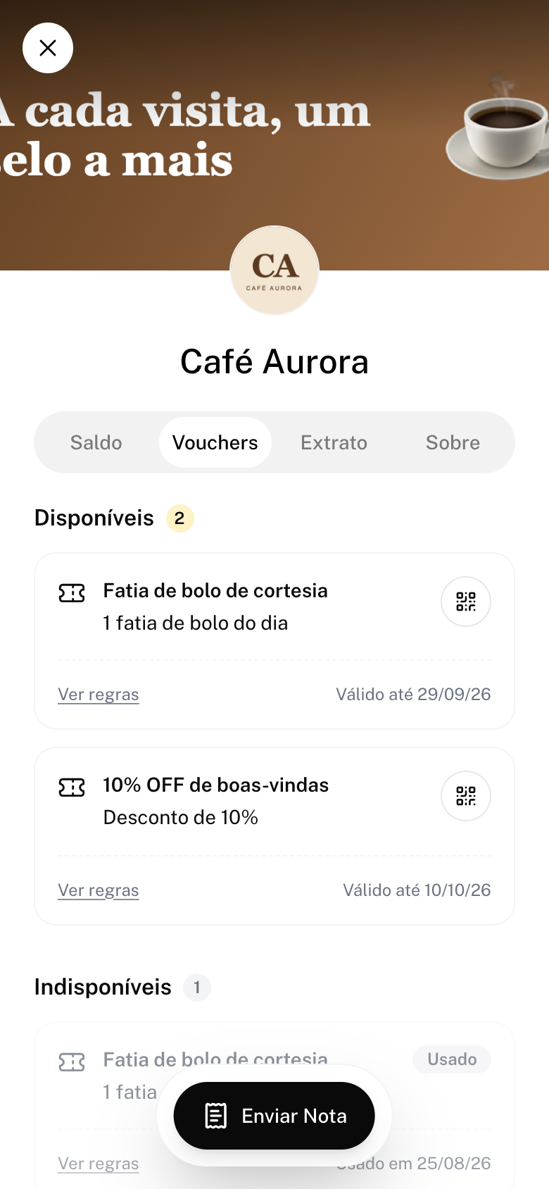 Aba Vouchers da área do cliente com um voucher disponível e o ícone de QR code