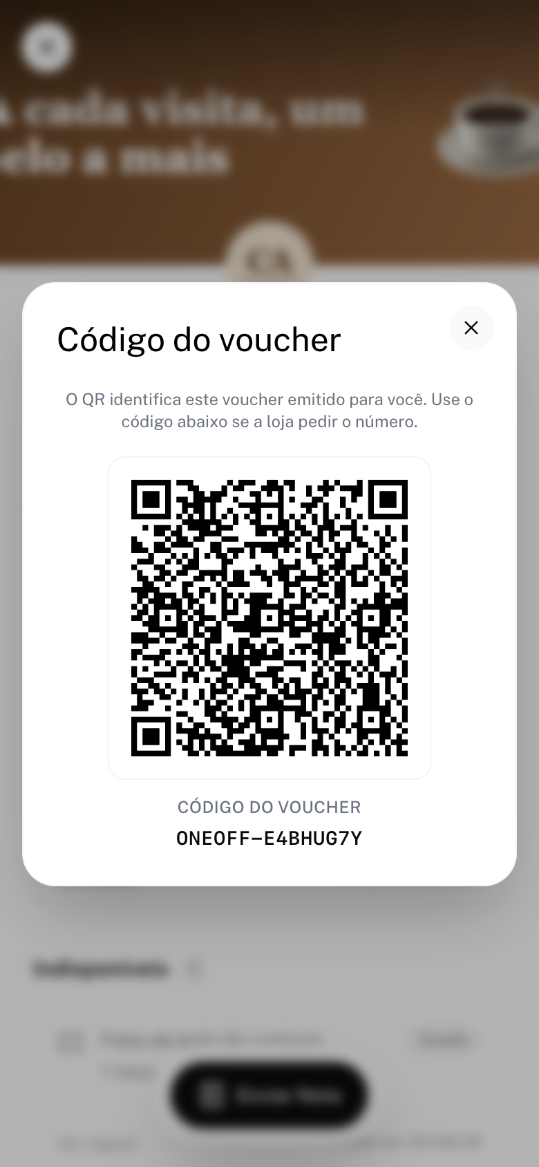 Janela Código do voucher com o QR code e o número do voucher