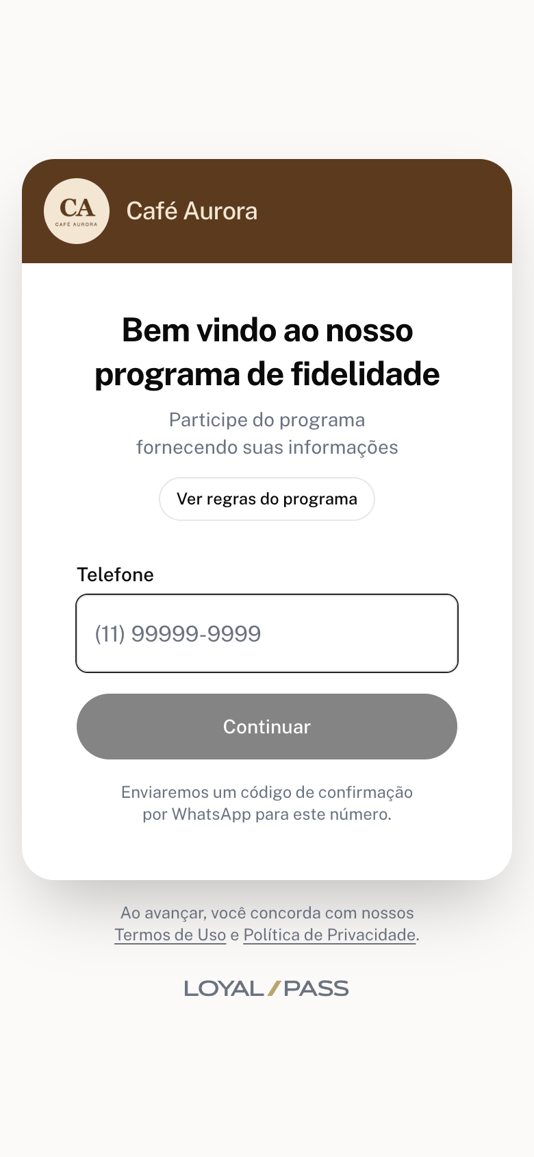 Tela pública de inscrição no programa na etapa do telefone