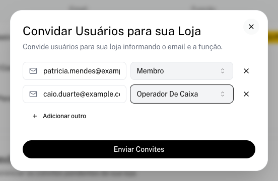 Janela Convidar Usuários para sua Loja com dois e-mails e as funções Membro e Operador de Caixa