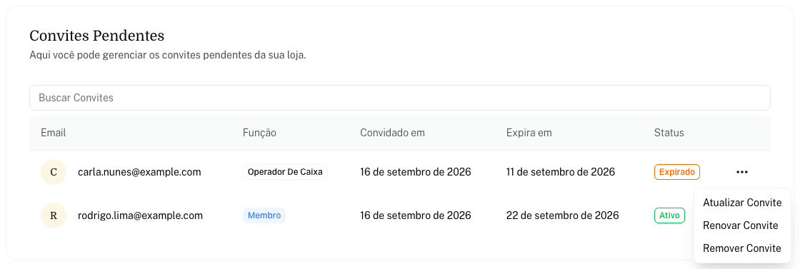 Card Convites Pendentes com um convite expirado e o menu aberto mostrando Renovar Convite
