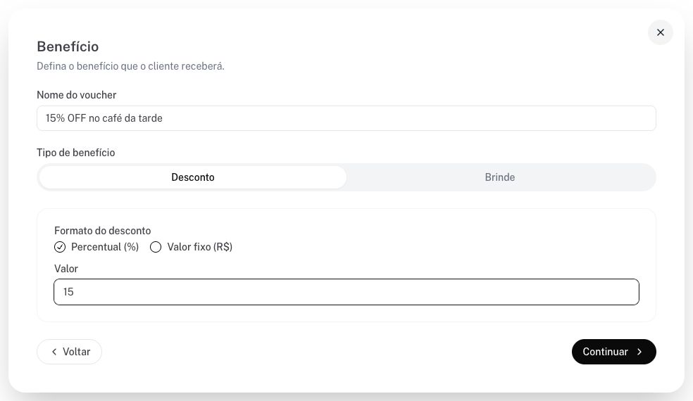Etapa Benefício com Desconto selecionado e formato Percentual
