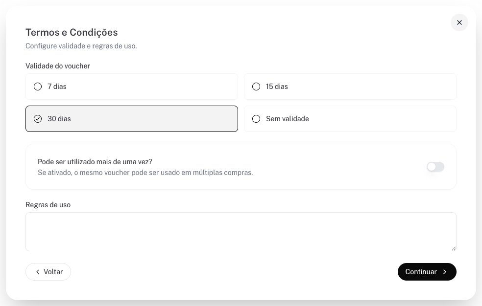 Etapa Termos e Condições com validade de 30 dias e uso múltiplo desligado