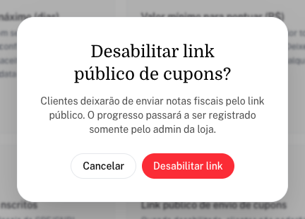 Janela Desabilitar link público de cupons? com o botão Desabilitar link