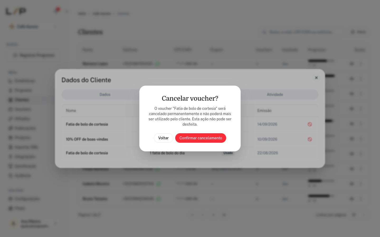 Aba Vouchers com a janela Cancelar voucher? aberta