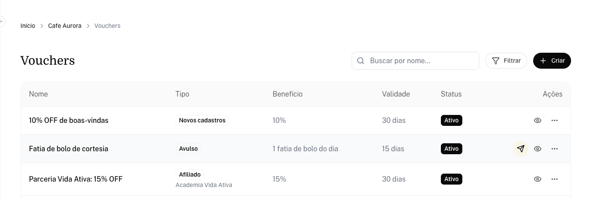 Lista de Vouchers com um voucher Avulso ativo e o botão Emitir