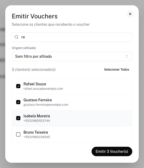 Janela Emitir Vouchers com busca, três clientes marcados e o contador de selecionados