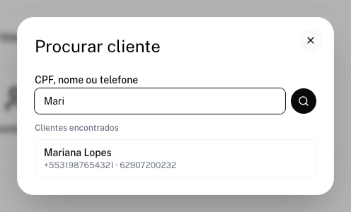 Janela Procurar cliente com um nome digitado e a lista Clientes encontrados