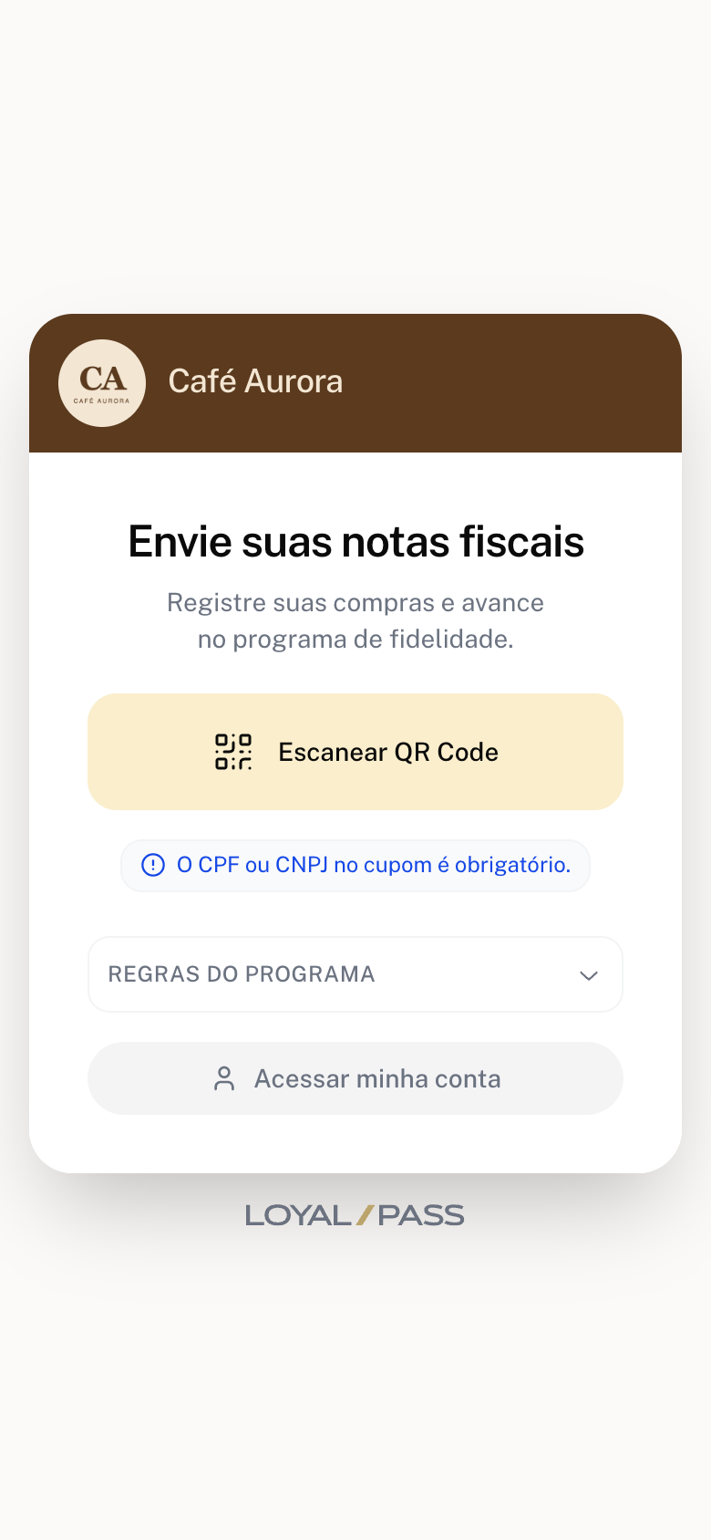 Tela Envie suas notas fiscais no celular com o botão Escanear QR Code