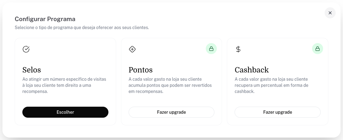 Tela Configurar Programa com os tipos Selos, Pontos e Cashback, com cadeado em Pontos e Cashback