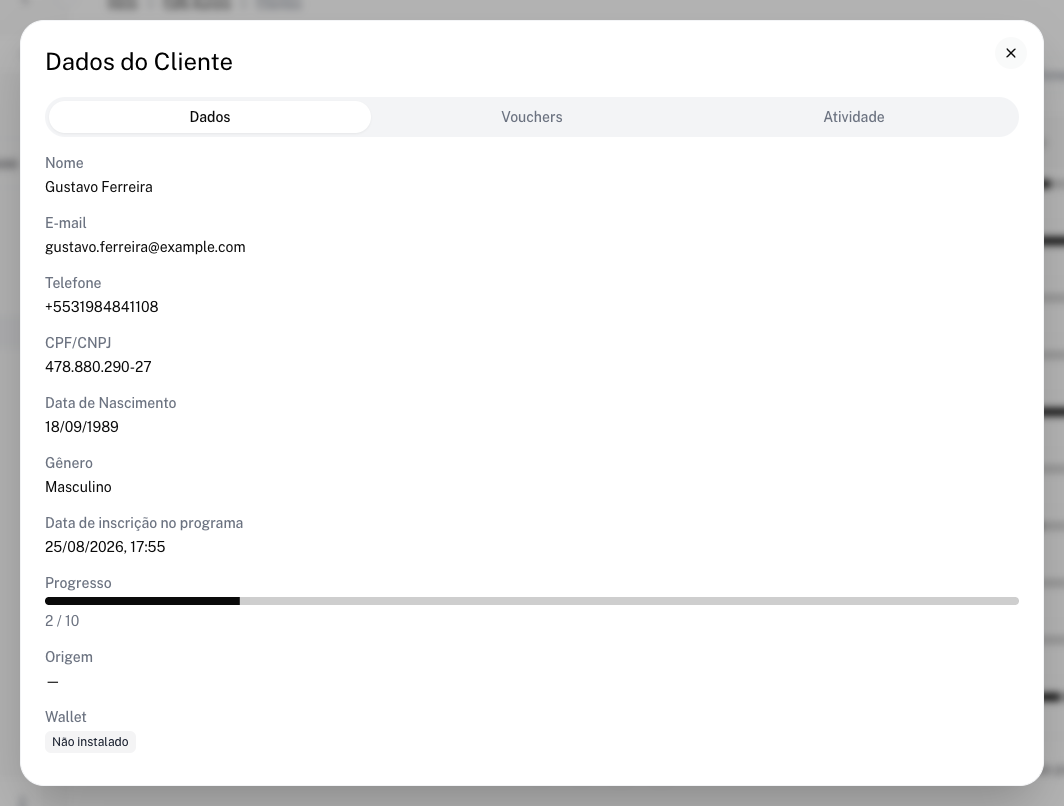Aba Dados com o campo Wallet mostrando Não instalado
