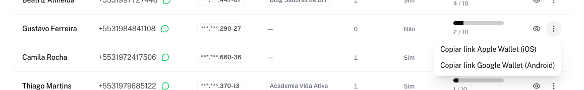 Menu da linha do cliente com as opções de link da Apple Wallet e do Google Wallet