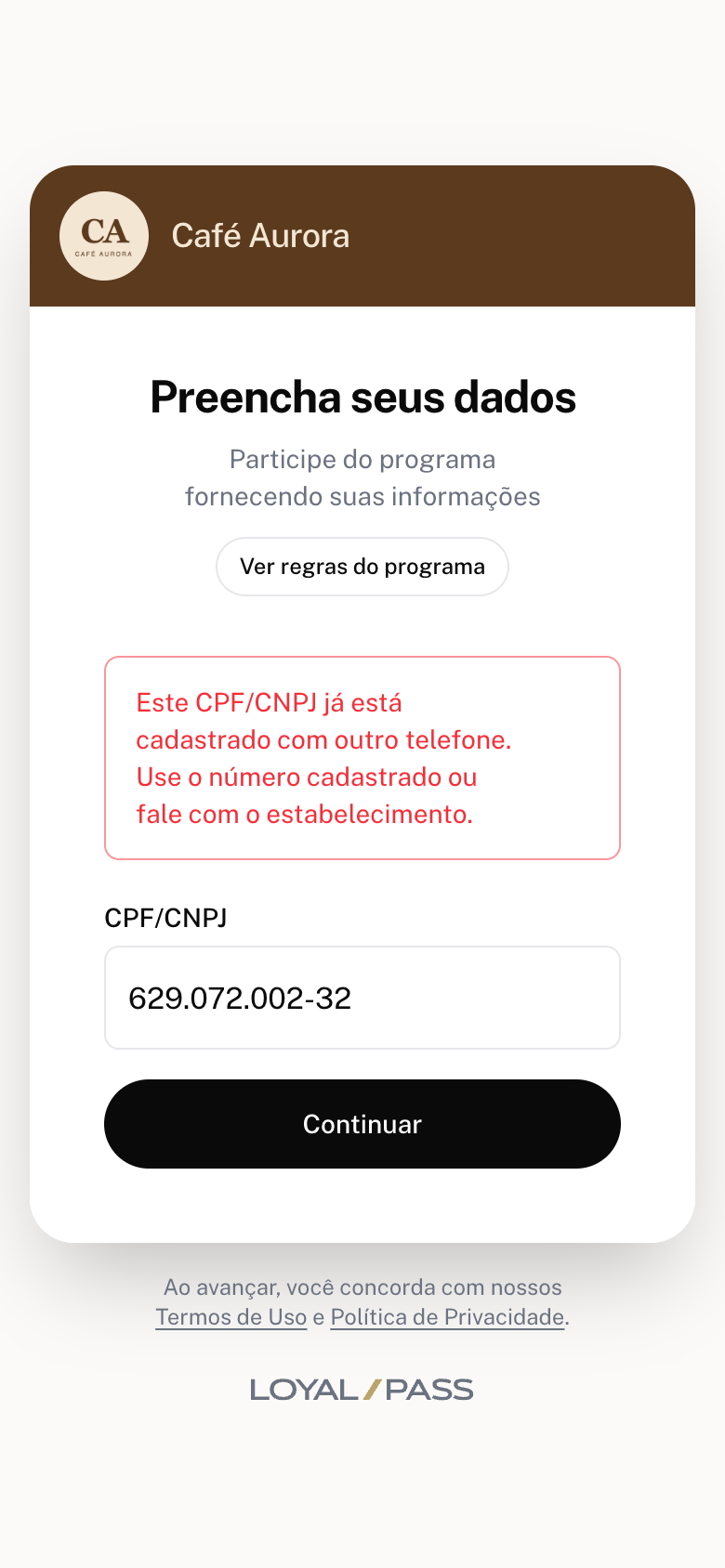 Página de inscrição na etapa CPF/CNPJ com a mensagem de CPF cadastrado com outro telefone