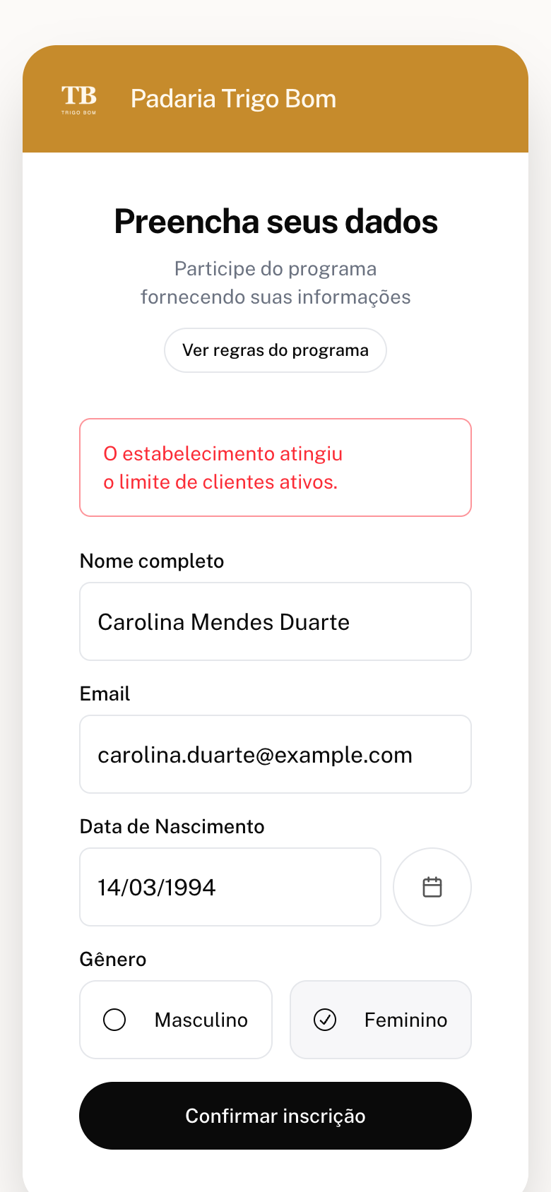 Página de inscrição com a mensagem O estabelecimento atingiu o limite de clientes ativos