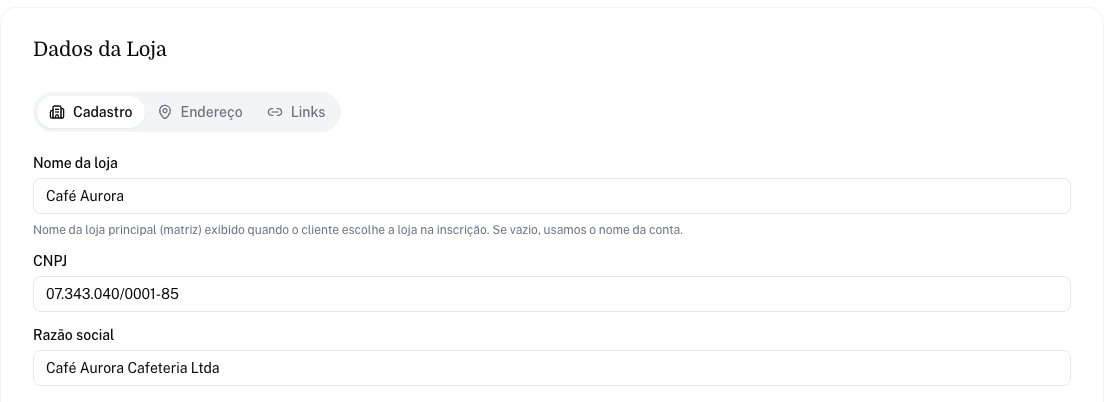 Configurações com a seção Dados da Loja aberta em Cadastro e a Razão social preenchida