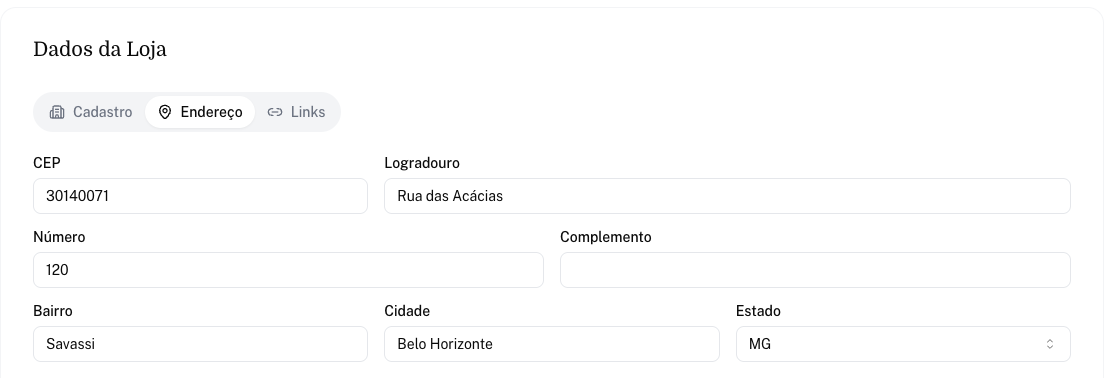 Seção Endereço preenchida com CEP, Logradouro, Número, Bairro, Cidade e Estado
