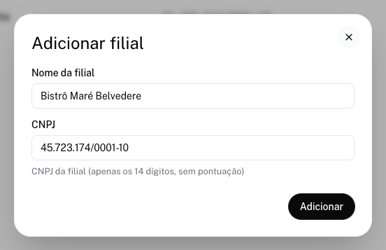 Janela de adicionar filial com Nome da filial e CNPJ preenchidos