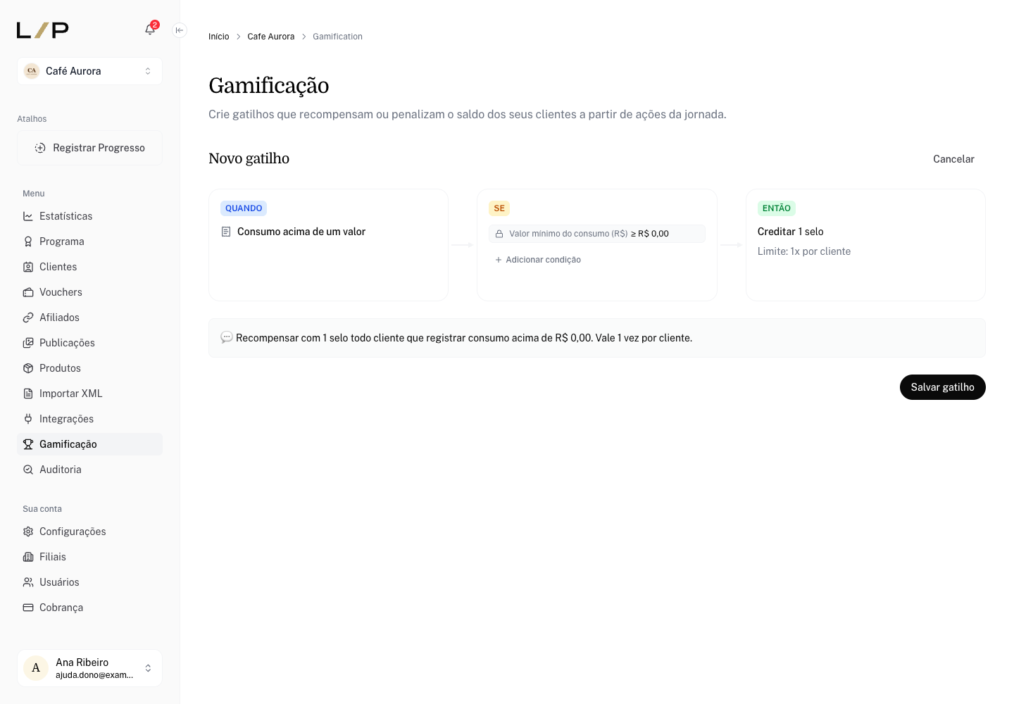 Editor de gatilho com os blocos QUANDO, SE e ENTÃO e a frase de resumo