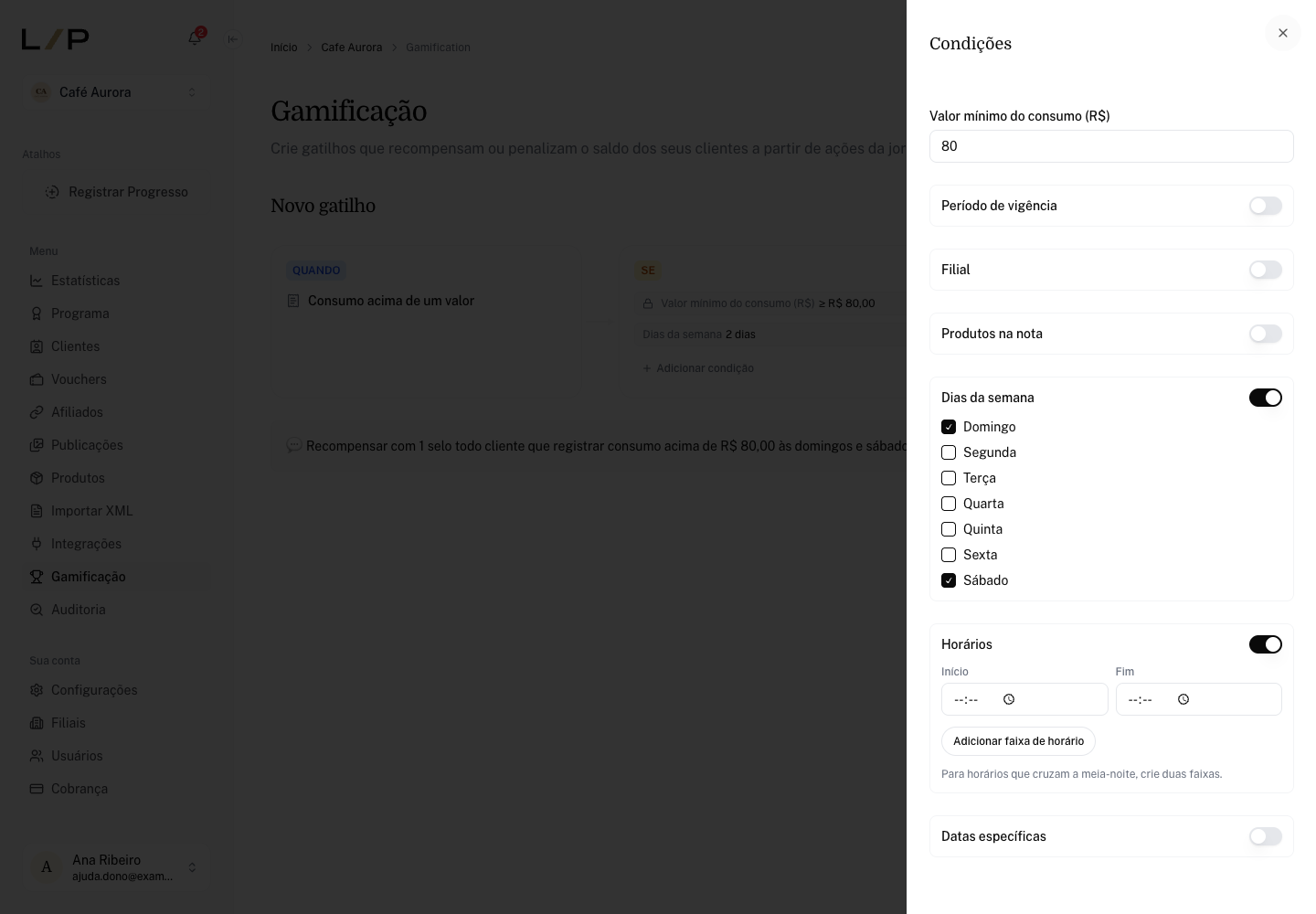 Painel Condições do gatilho Consumo acima de um valor com Valor mínimo, Dias da semana e Horários ligados