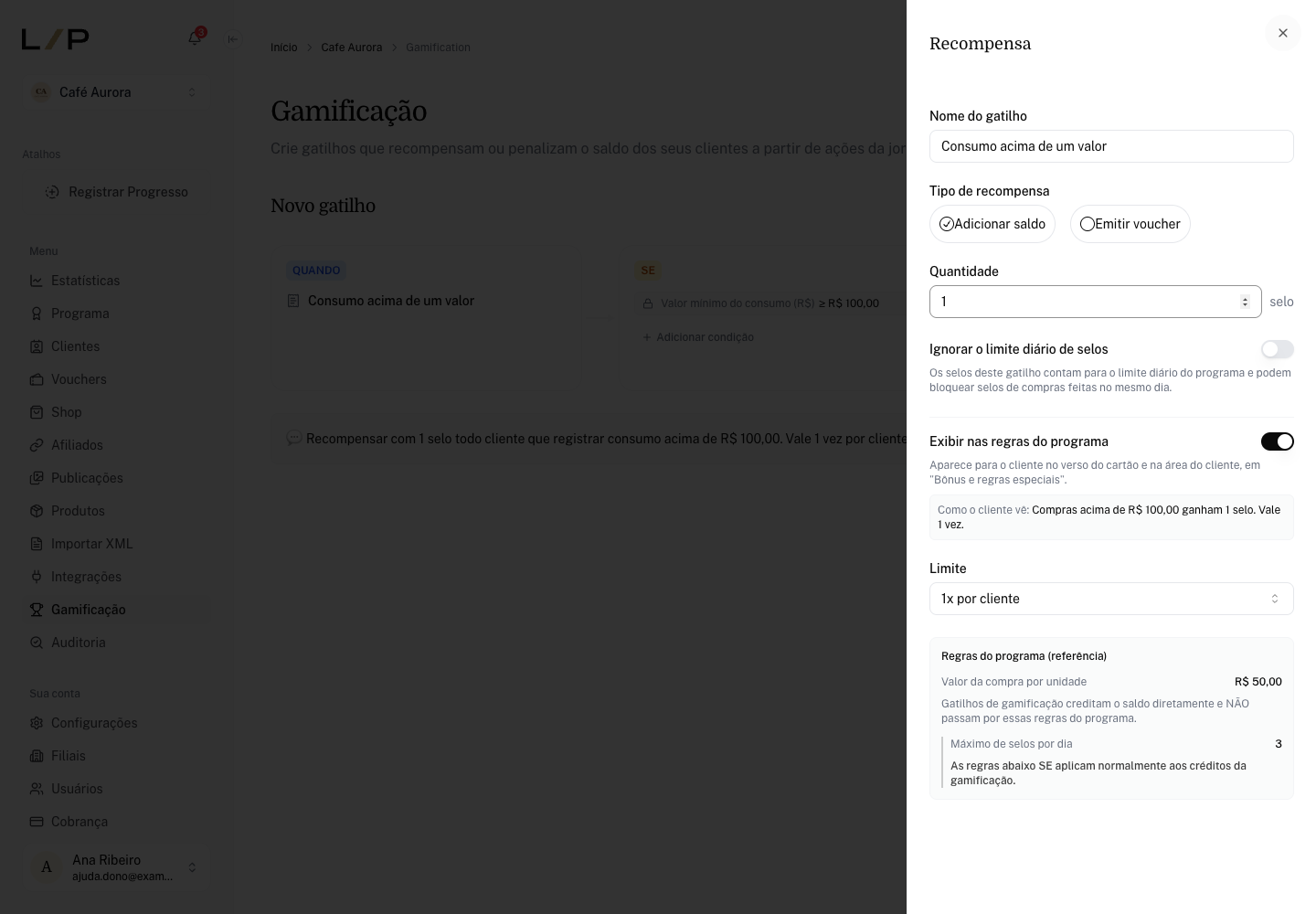 Painel ENTÃO com a chave Exibir nas regras do programa ligada e a prévia Como o cliente vê