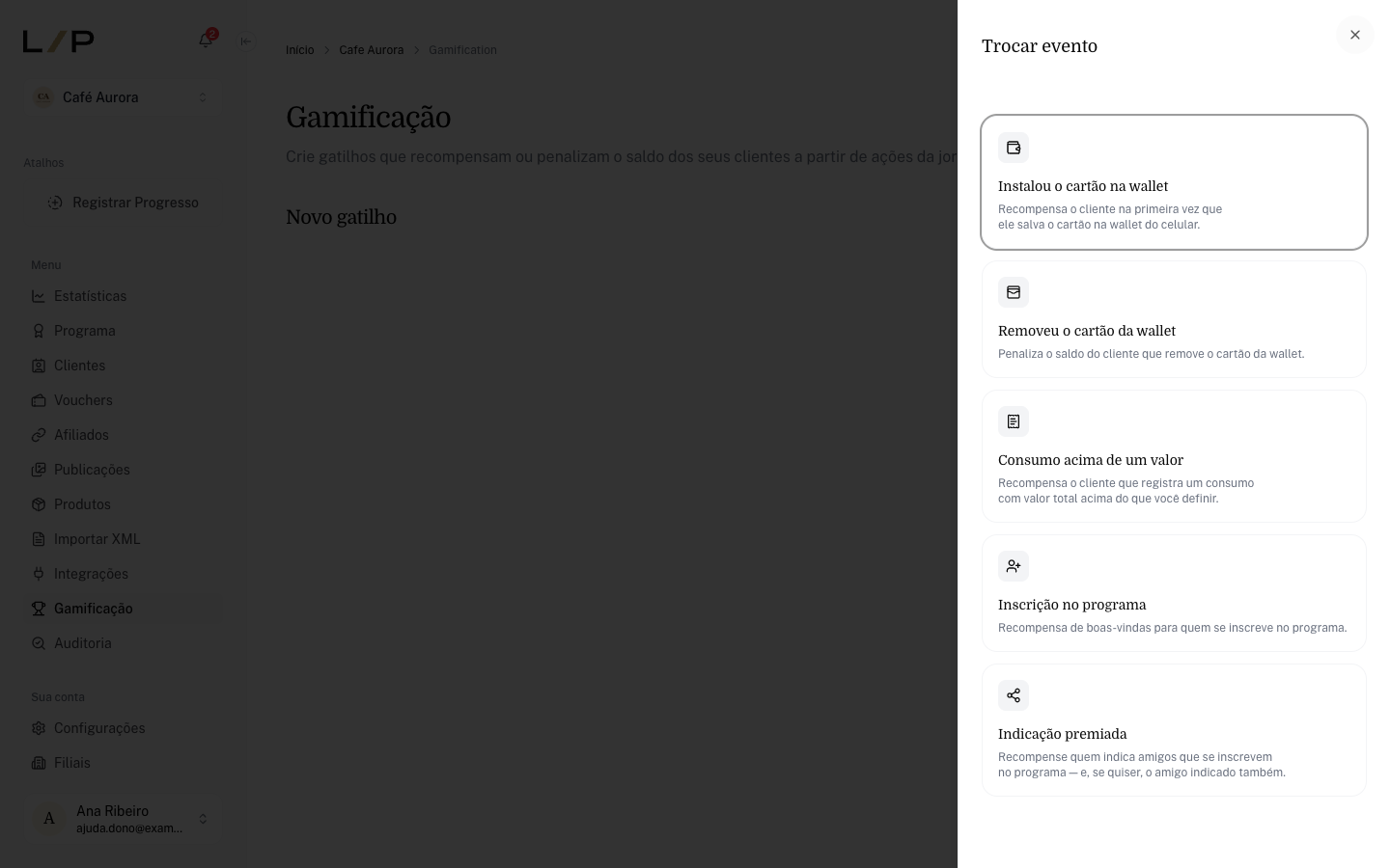Catálogo de eventos da Gamificação com Inscrição no programa, Instalou o cartão na wallet e Removeu o cartão da wallet