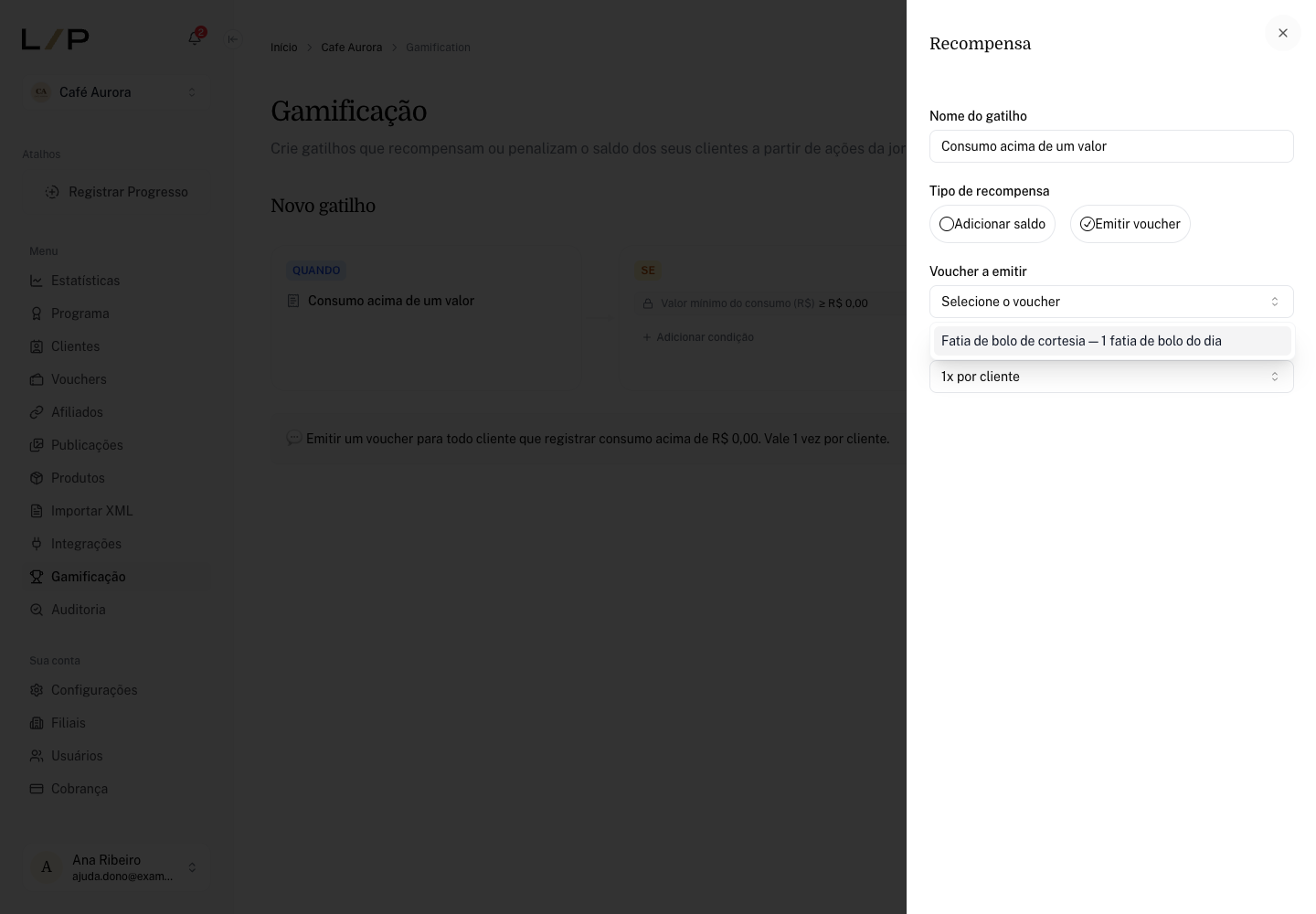 Bloco ENTÃO com Emitir voucher selecionado e a lista Voucher a emitir aberta