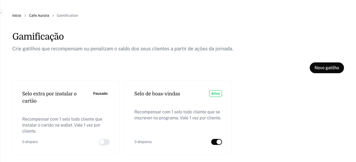 Tela Gamificação com dois gatilhos, um Ativo e um Pausado, com a contagem de disparos