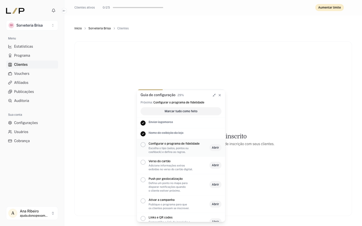 Guia de configuração expandido com 2 passos concluídos e o botão Abrir nos demais
