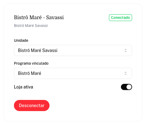 Cartão da loja iFood conectada com Unidade, Programa vinculado e a chave Loja ativa ligada