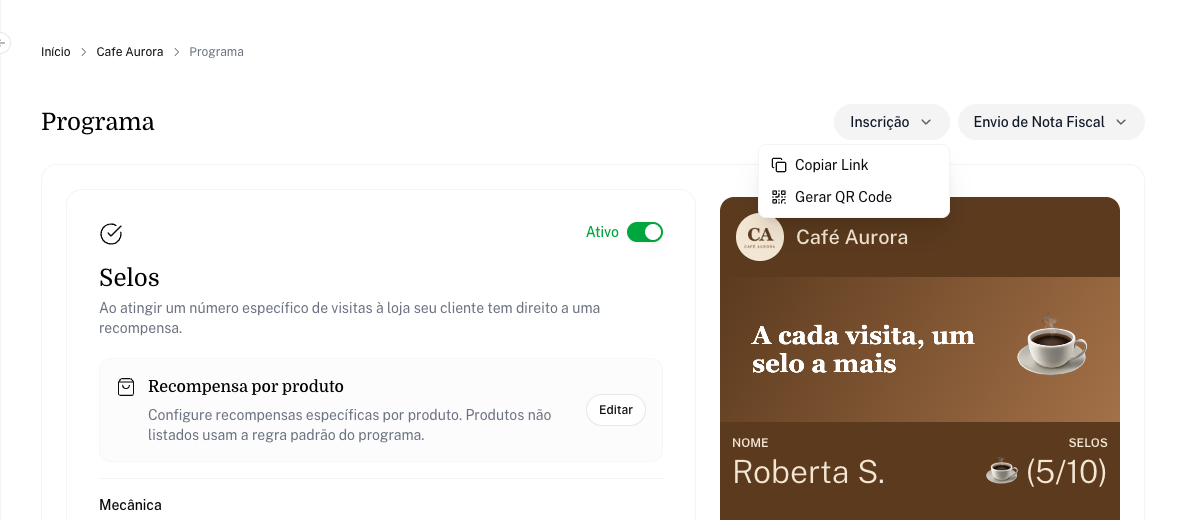 Página Programa com o menu Inscrição aberto e as opções Copiar Link e Gerar QR Code