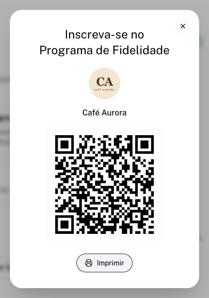 Janela do QR code de inscrição com a logo da loja e o botão Imprimir